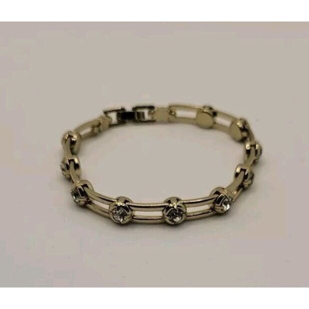 Napier Gold Link Bracelet Round Clear Stone 7" Rhinestone Vintage Bridal Wedding